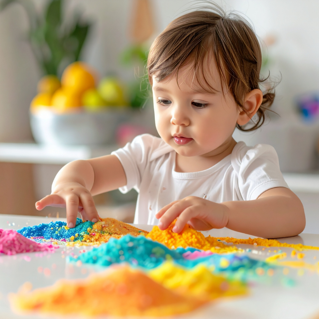 A little girl playing with sensory tools