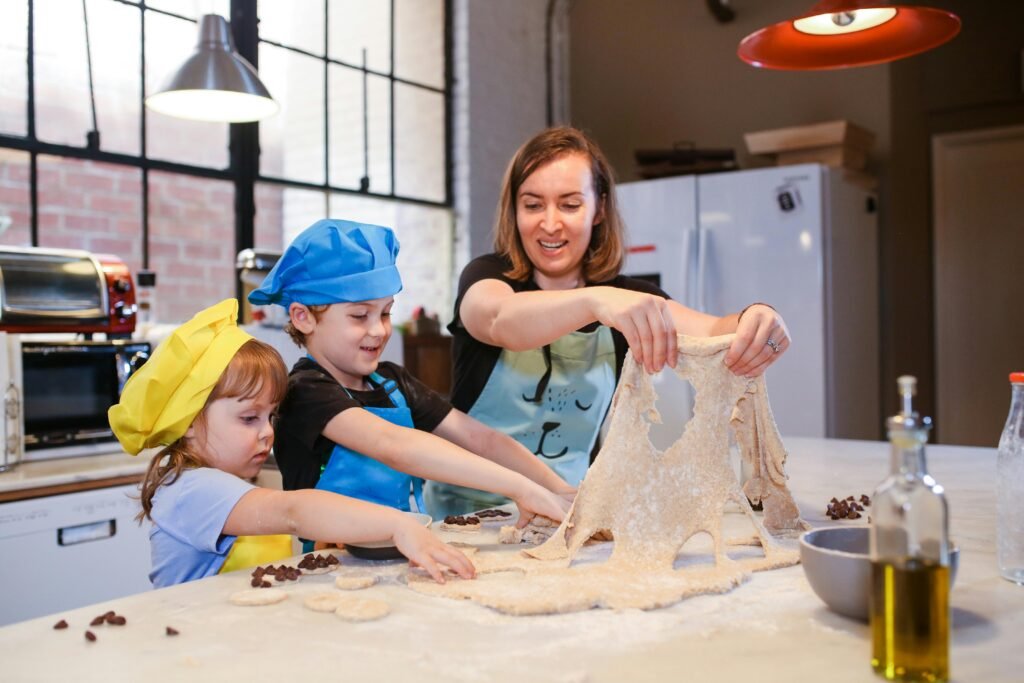 Mom baking with son and daughter